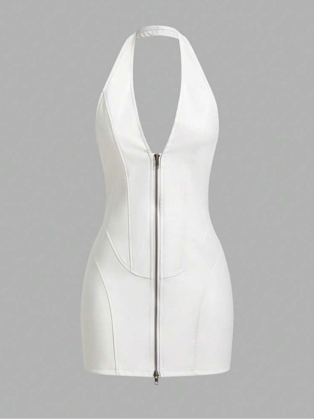 White Halter Zip-Front Mini Dress